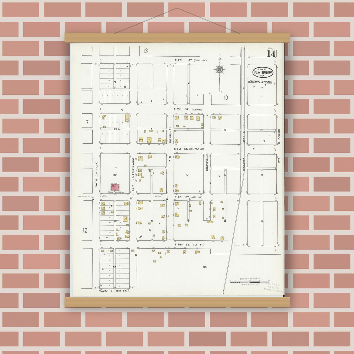 Old map wall art mockup — magnetic wood frame on brick wall — Sanborn Fire Insurance Map from Plainview, Hale County, Texas (1921), Sheet #0014