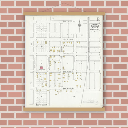 Old map wall art mockup — magnetic wood frame on brick wall — Sanborn Fire Insurance Map from Plainview, Hale County, Texas (1921), Sheet #0014