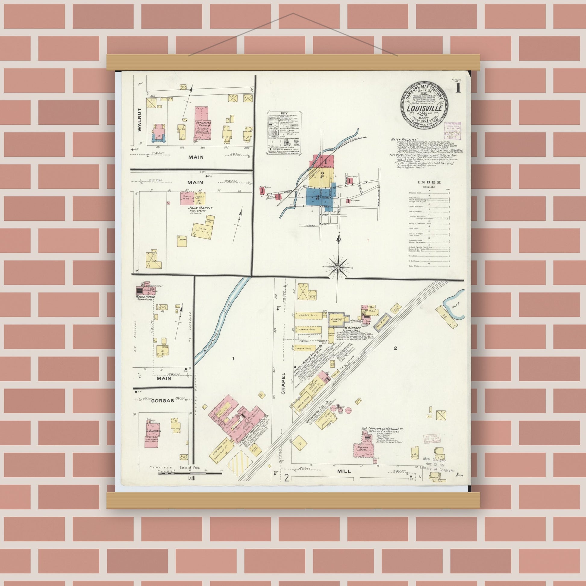 Old map wall art mockup — magnetic wood frame on brick wall — Sanborn Fire Insurance Map from Louisville, Stark County, Ohio (1908) - Complete Map Set