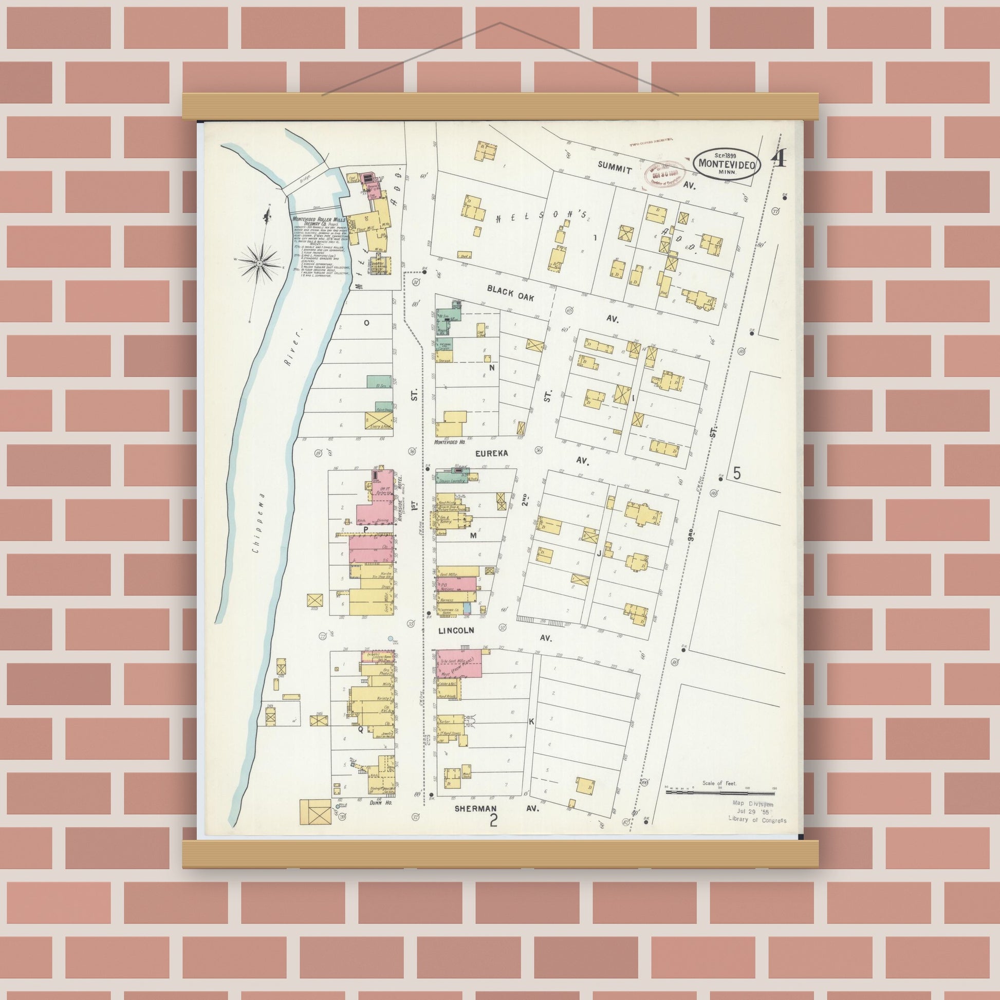 Old map wall art mockup — magnetic wood frame on brick wall — Sanborn Fire Insurance Map from Montevideo, Chippewa County, Minnesota (1899), Sheet #0004