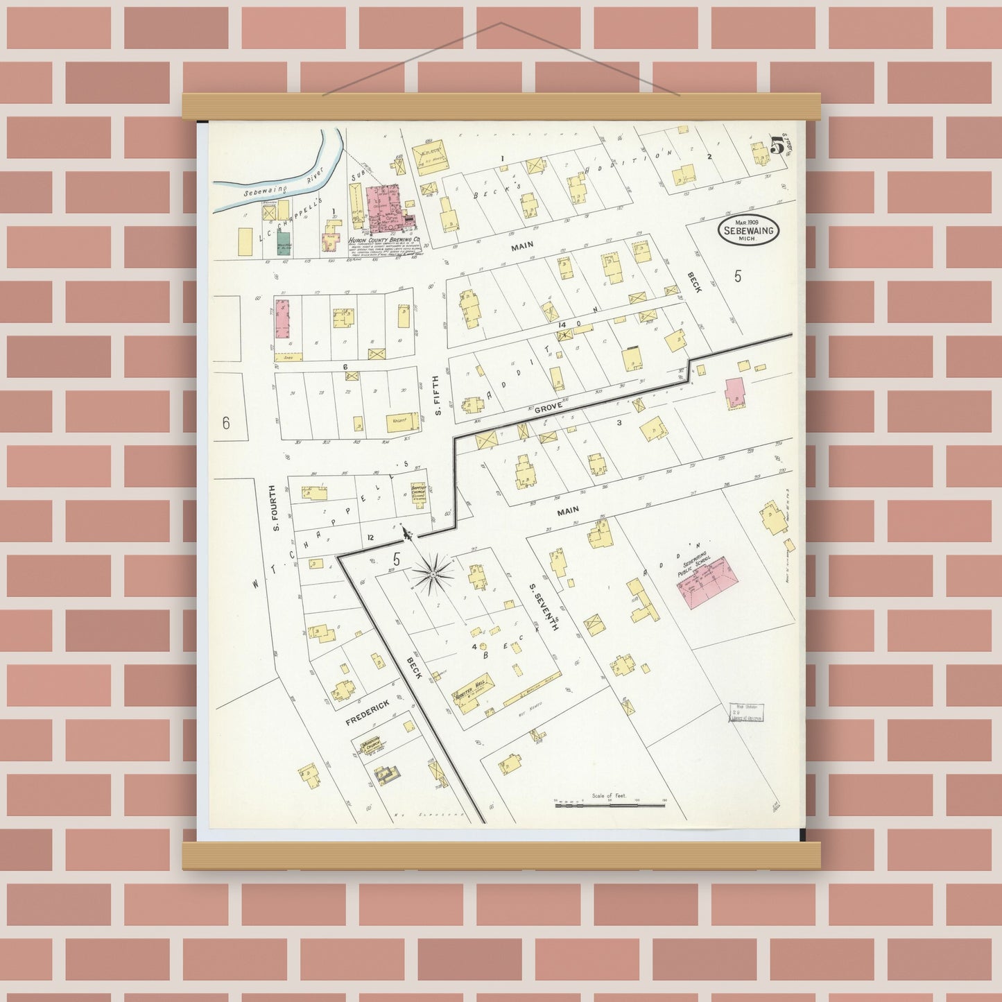 Old map wall art mockup — magnetic wood frame on brick wall — Sanborn Fire Insurance Map from Sebewaing, Huron County, Michigan (1909), Sheet #0005