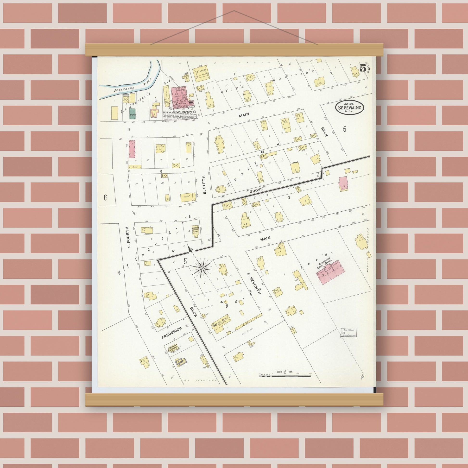 Old map wall art mockup — magnetic wood frame on brick wall — Sanborn Fire Insurance Map from Sebewaing, Huron County, Michigan (1909), Sheet #0005