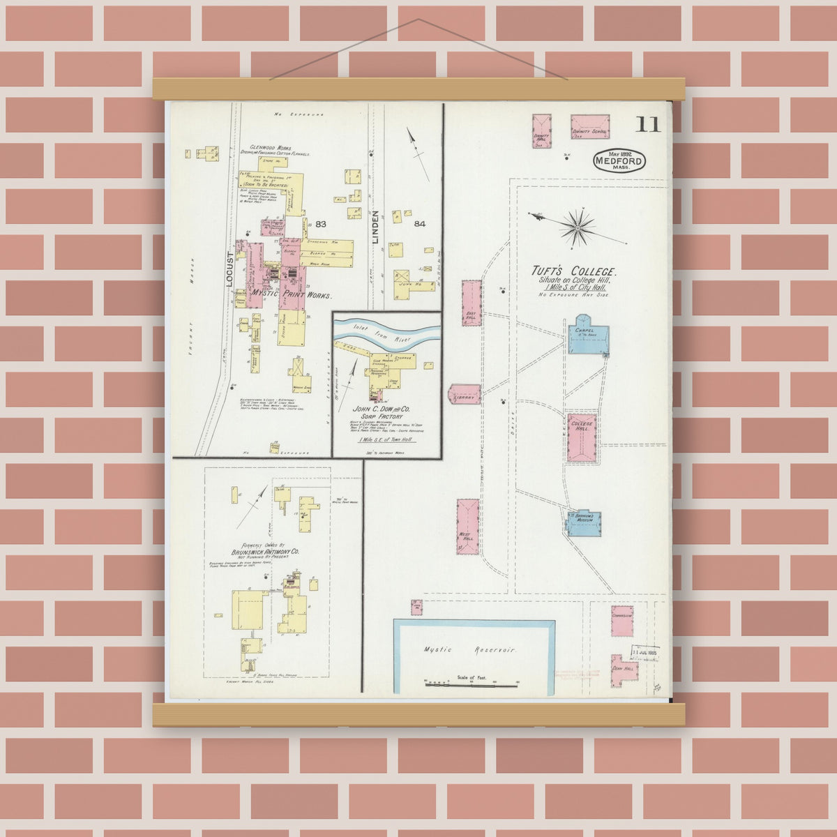 Old map wall art mockup — magnetic wood frame on brick wall — Sanborn Fire Insurance Map from Medford, Middlesex County, Massachusetts (1892), Sheet #0011