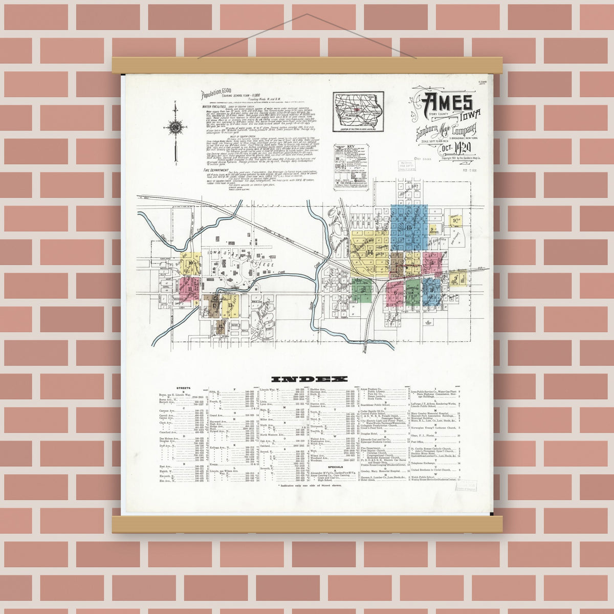 Old map wall art mockup — magnetic wood frame on brick wall — Sanborn Fire Insurance Map from Ames, Story County, Iowa (1920) â€” Complete Set