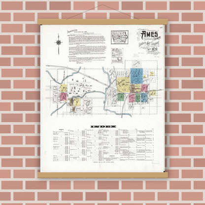 Old map wall art mockup — magnetic wood frame on brick wall — Sanborn Fire Insurance Map from Ames, Story County, Iowa (1920) â€” Complete Set