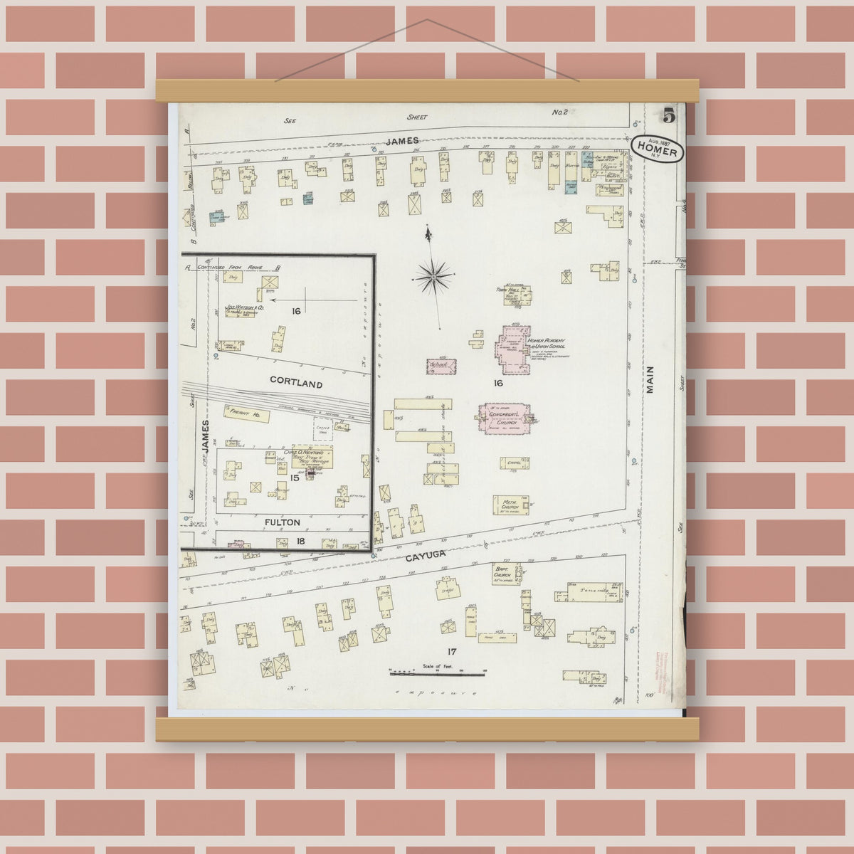 Old map wall art mockup — magnetic wood frame on brick wall — Sanborn Fire Insurance Map from Homer, Cortland County, New York (1887), Sheet #0005