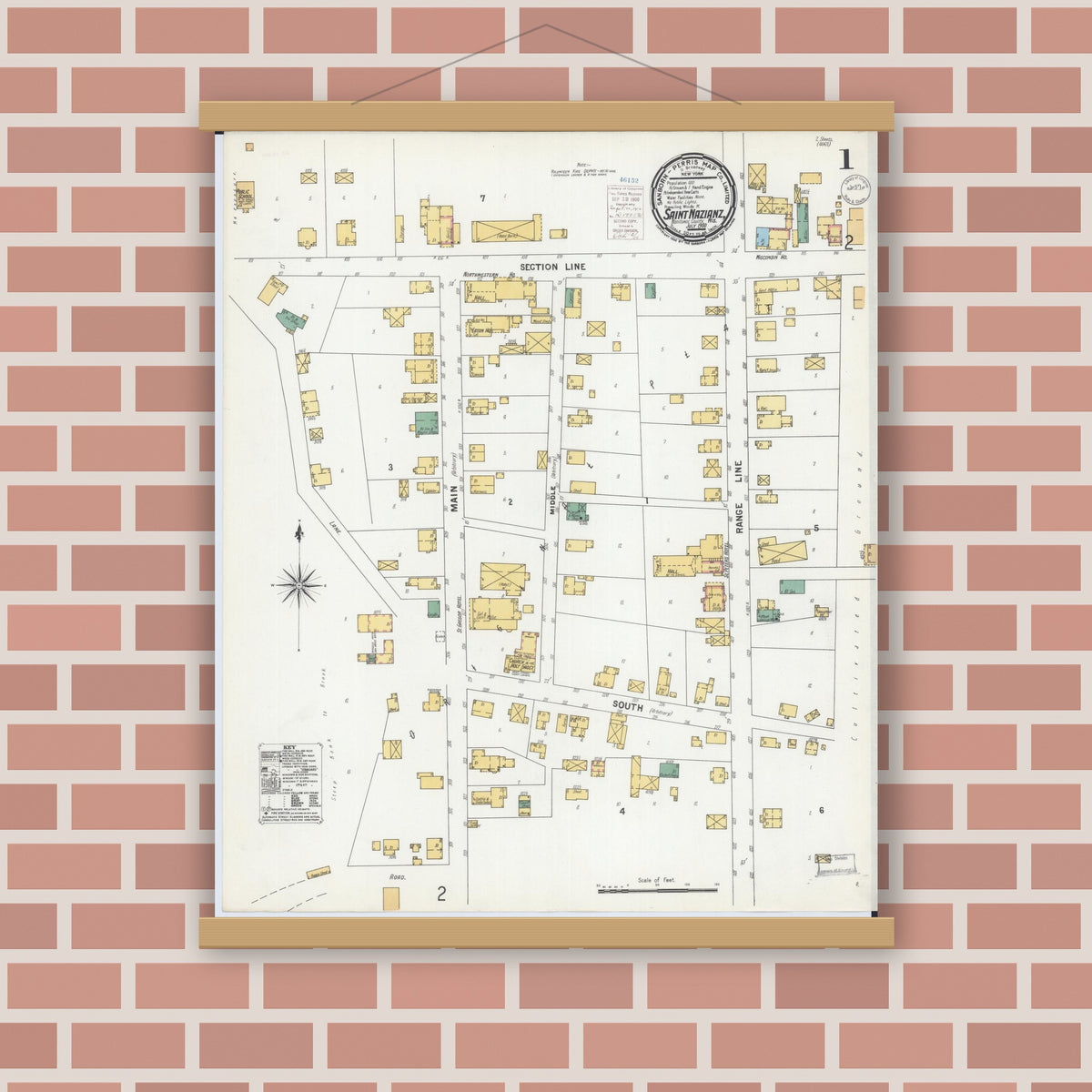Old map wall art mockup — magnetic wood frame on brick wall — Sanborn Fire Insurance Map from Saint Nazianz, Manitowoc County, Wisconsin (1900) - Complete Map Set