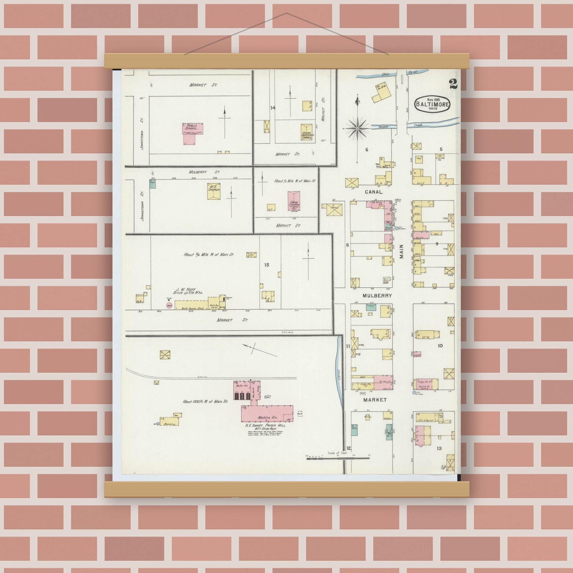 Old map wall art mockup — magnetic wood frame on brick wall — Sanborn Fire Insurance Map from Baltimore, Fairfield County, Ohio (1895), Sheet #0002