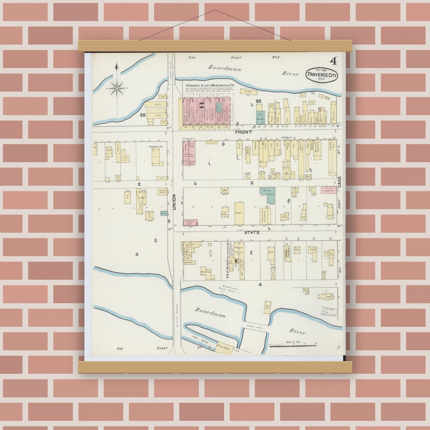 Old map wall art mockup — magnetic wood frame on brick wall — Sanborn Fire Insurance Map from Traverse City, Grand Traverse County, Michigan (1890), Sheet #0004