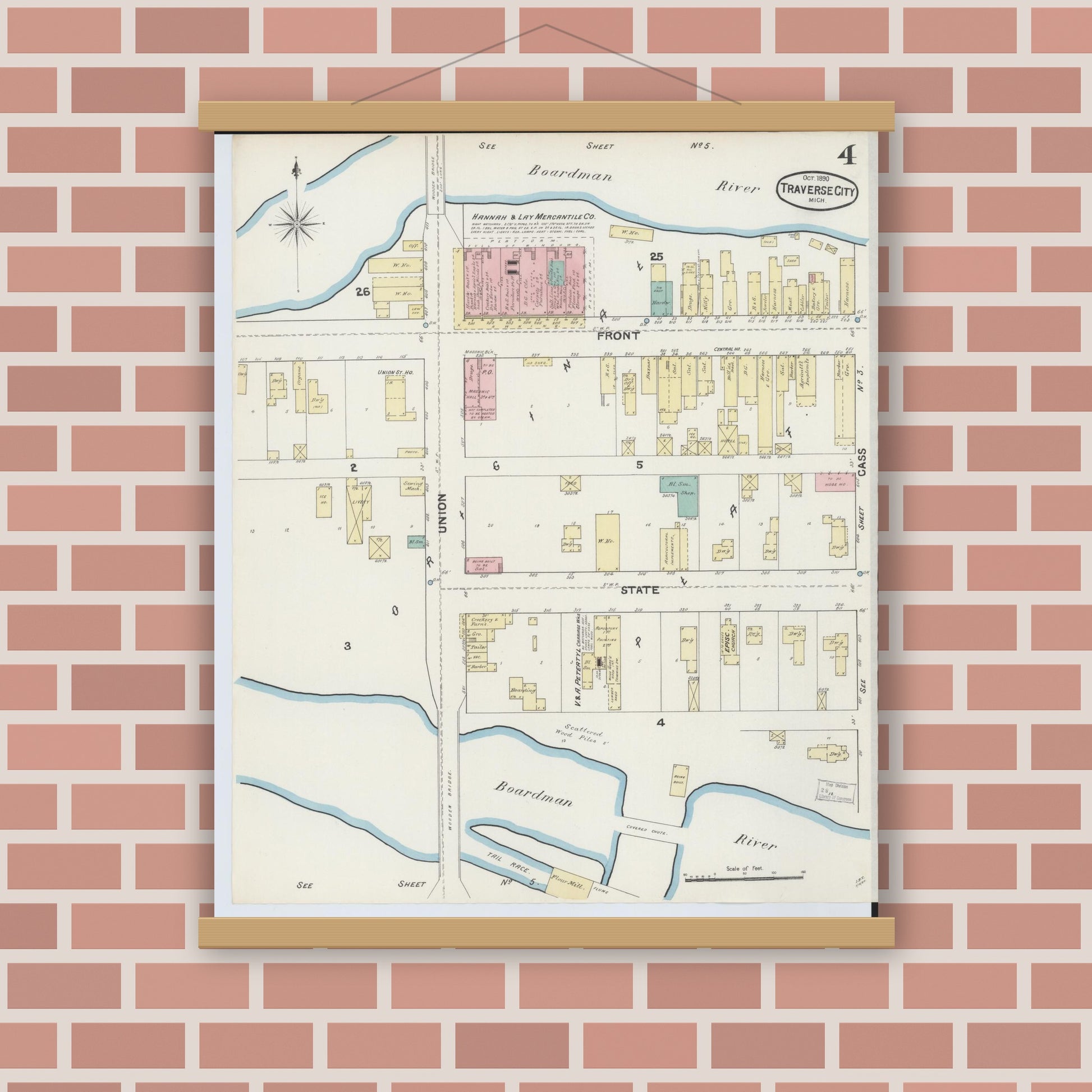 Old map wall art mockup — magnetic wood frame on brick wall — Sanborn Fire Insurance Map from Traverse City, Grand Traverse County, Michigan (1890), Sheet #0004