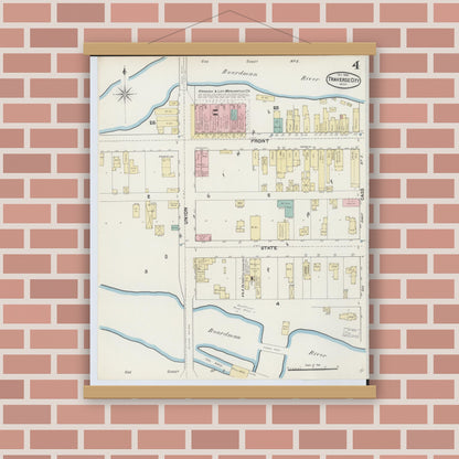Old map wall art mockup — magnetic wood frame on brick wall — Sanborn Fire Insurance Map from Traverse City, Grand Traverse County, Michigan (1890), Sheet #0004