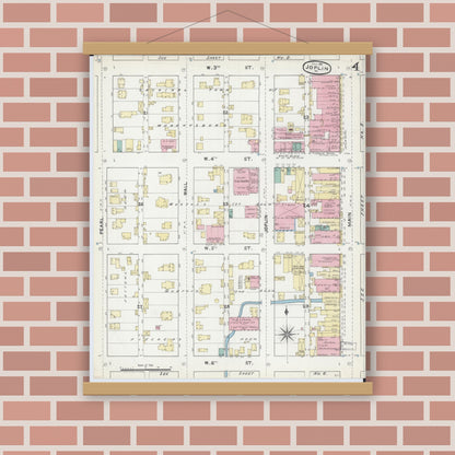 Old map wall art mockup — magnetic wood frame on brick wall — Sanborn Fire Insurance Map from Joplin, Jasper County, Missouri (1891), Sheet #0004