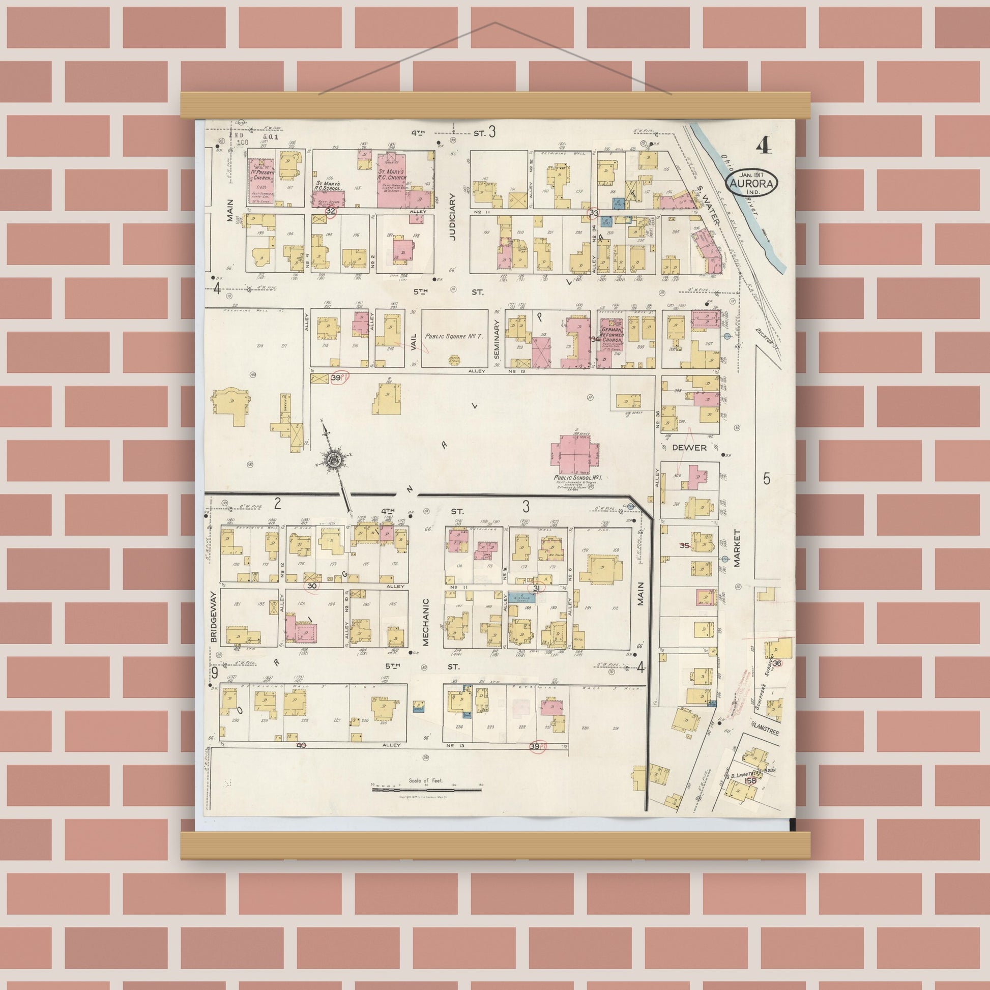 Old map wall art mockup — magnetic wood frame on brick wall — Sanborn Fire Insurance Map from Aurora, Dearborn County, Indiana (1935), Sheet #0004