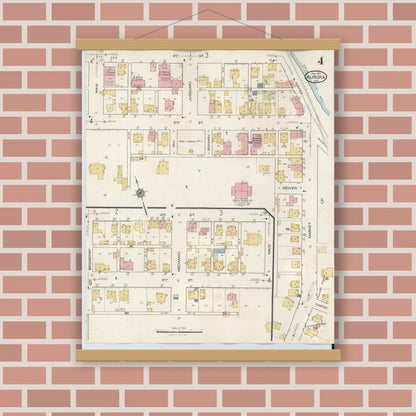 Old map wall art mockup — magnetic wood frame on brick wall — Sanborn Fire Insurance Map from Aurora, Dearborn County, Indiana (1935), Sheet #0004