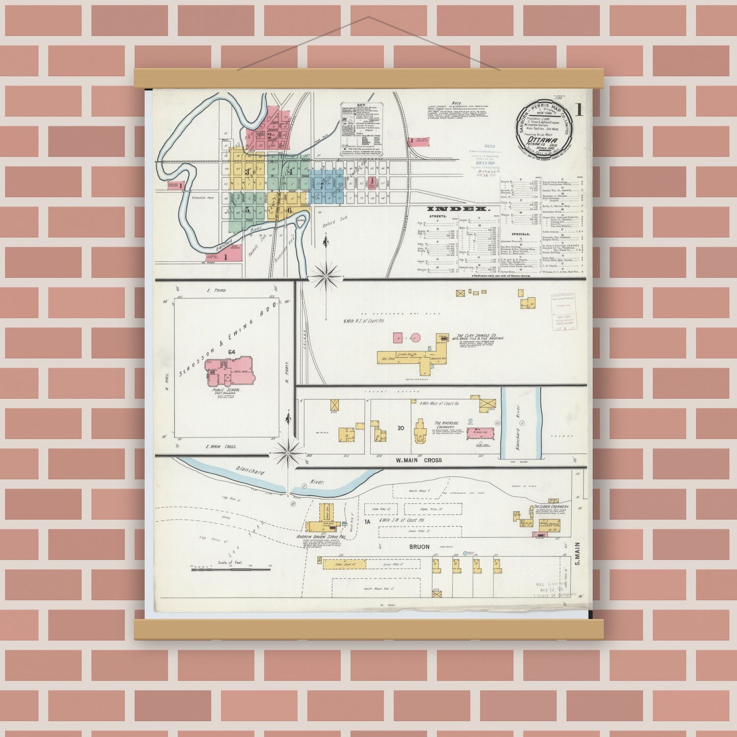 Old map wall art mockup — magnetic wood frame on brick wall — Sanborn Fire Insurance Map from Ottawa, Putnam County, Ohio (1900), Sheet #0001