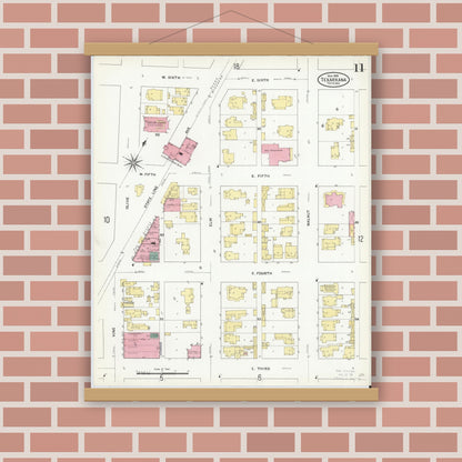 Old map wall art mockup — magnetic wood frame on brick wall — Sanborn Fire Insurance Map from Texarkana, Bowie County, Texas (1909), Sheet #0011