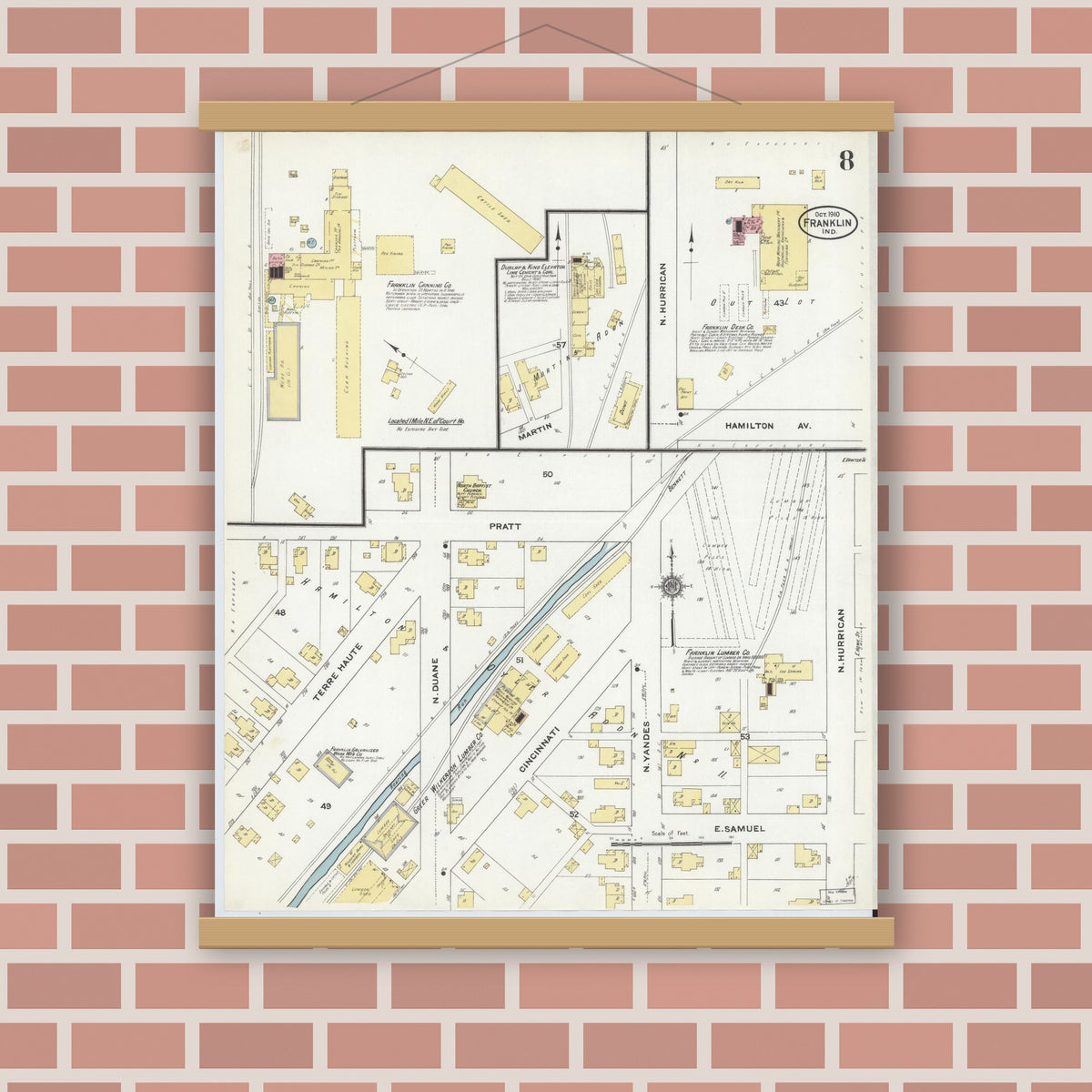 Old map wall art mockup — magnetic wood frame on brick wall — Sanborn Fire Insurance Map from Franklin, Johnson County, Indiana (1910), Sheet #0008