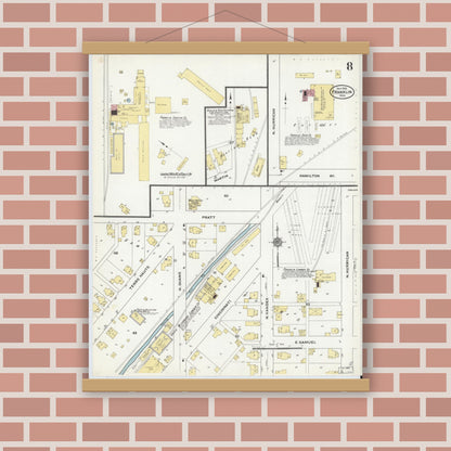 Old map wall art mockup — magnetic wood frame on brick wall — Sanborn Fire Insurance Map from Franklin, Johnson County, Indiana (1910), Sheet #0008