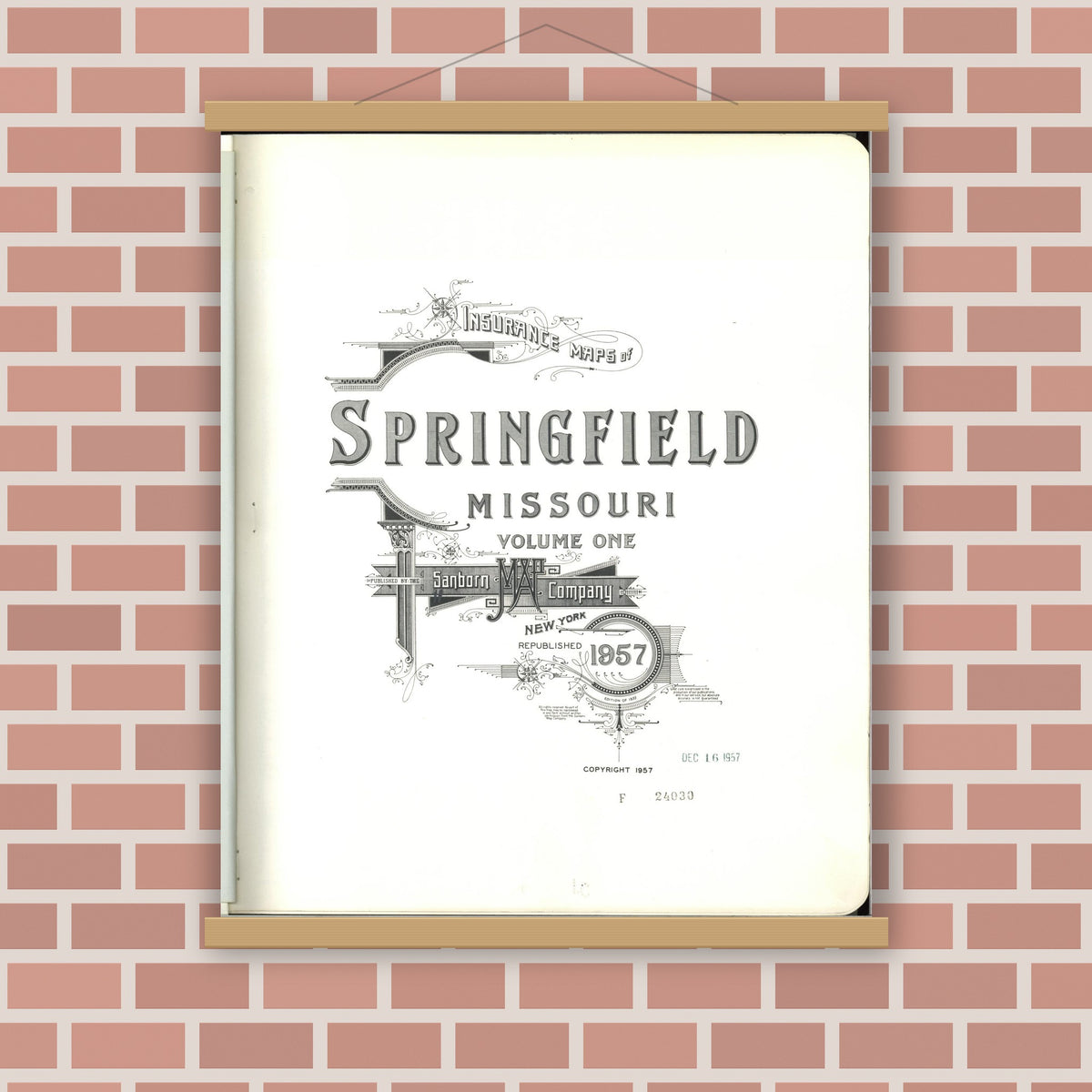 Old map wall art mockup — magnetic wood frame on brick wall — Sanborn Fire Insurance Map from Springfield, Greene County, Missouri (1957), Sheet #0001