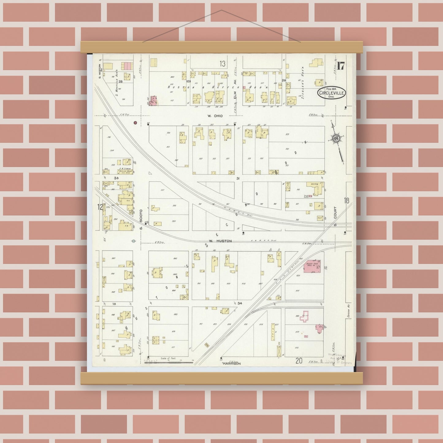 Old map wall art mockup — magnetic wood frame on brick wall — Sanborn Fire Insurance Map from Circleville, Pickaway County, Ohio (1914), Sheet #0017