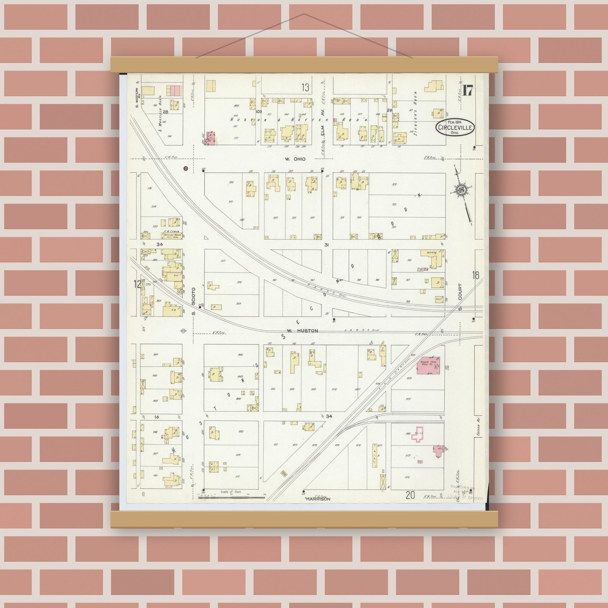 Old map wall art mockup — magnetic wood frame on brick wall — Sanborn Fire Insurance Map from Circleville, Pickaway County, Ohio (1914), Sheet #0017