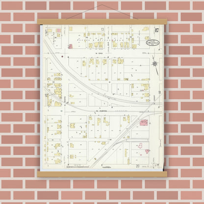 Old map wall art mockup — magnetic wood frame on brick wall — Sanborn Fire Insurance Map from Circleville, Pickaway County, Ohio (1914), Sheet #0017