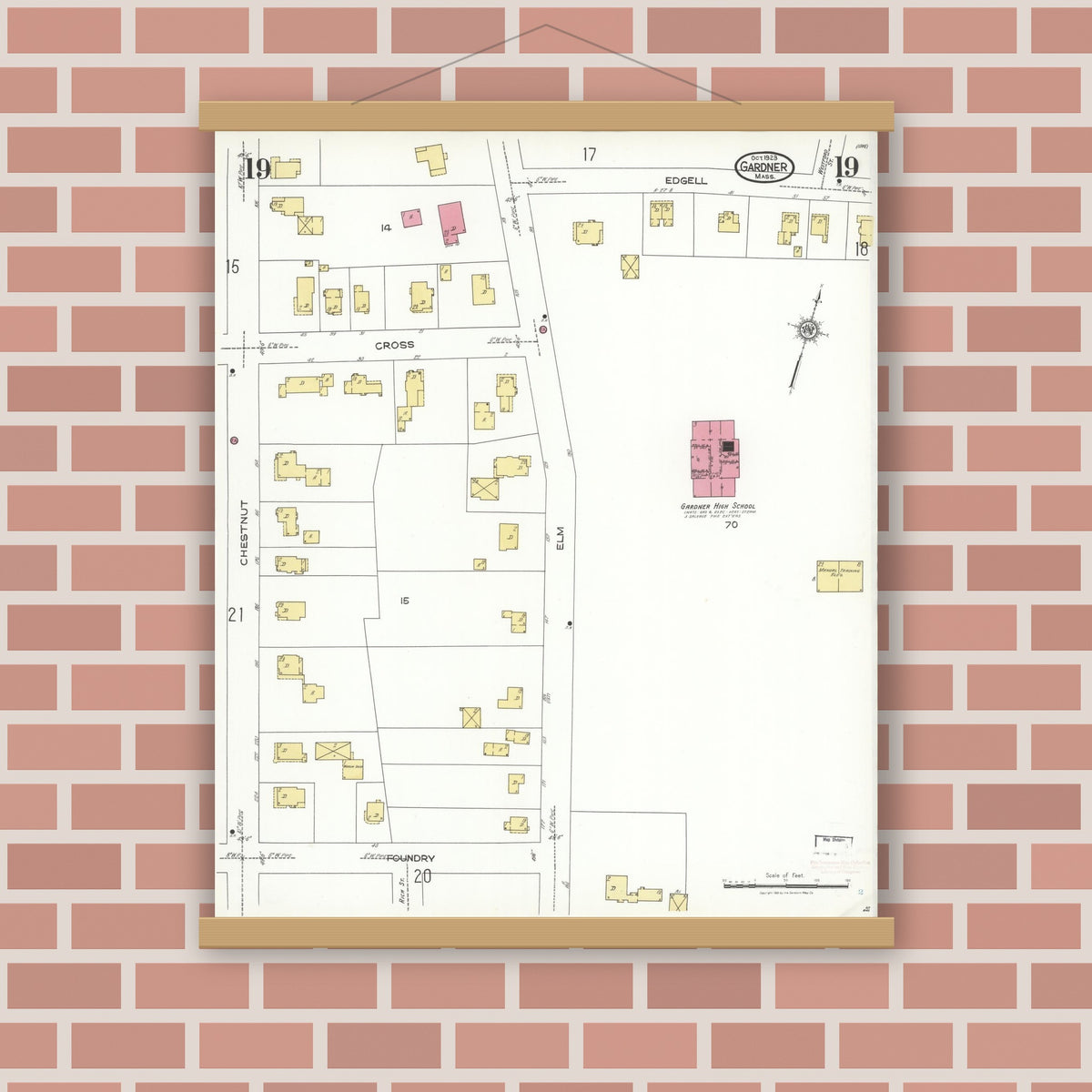 Old map wall art mockup — magnetic wood frame on brick wall — Sanborn Fire Insurance Map from Gardner, Worcester County, Massachusetts (1923), Sheet #0019
