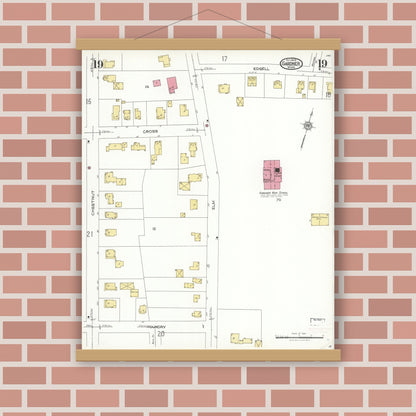 Old map wall art mockup — magnetic wood frame on brick wall — Sanborn Fire Insurance Map from Gardner, Worcester County, Massachusetts (1923), Sheet #0019