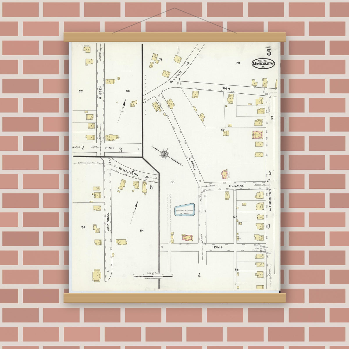 Old map wall art mockup — magnetic wood frame on brick wall — Sanborn Fire Insurance Map from Montgomery, Lycoming County, Pennsylvania (1920), Sheet #0005