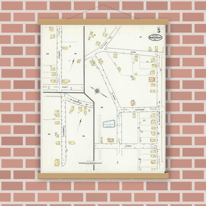 Old map wall art mockup — magnetic wood frame on brick wall — Sanborn Fire Insurance Map from Montgomery, Lycoming County, Pennsylvania (1920), Sheet #0005