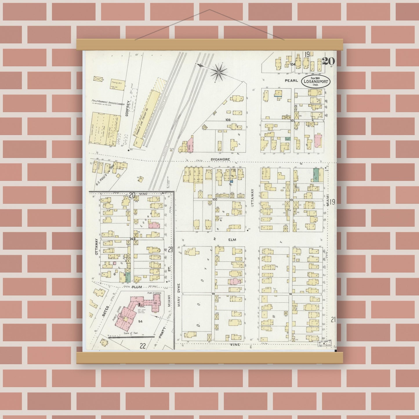 Old map wall art mockup — magnetic wood frame on brick wall — Sanborn Fire Insurance Map from Logansport, Cass County, Indiana (1906), Sheet #0020