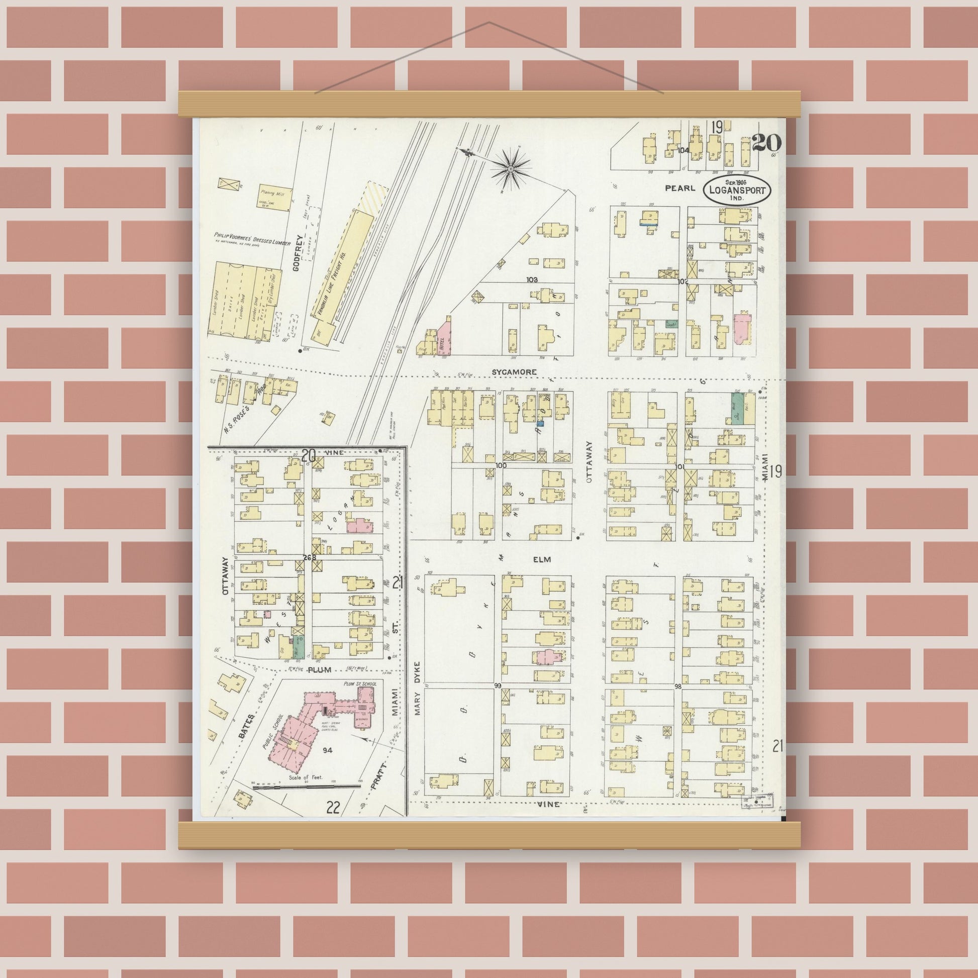 Old map wall art mockup — magnetic wood frame on brick wall — Sanborn Fire Insurance Map from Logansport, Cass County, Indiana (1906), Sheet #0020