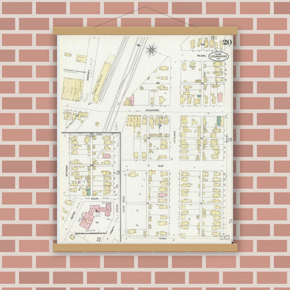 Old map wall art mockup — magnetic wood frame on brick wall — Sanborn Fire Insurance Map from Logansport, Cass County, Indiana (1906), Sheet #0020