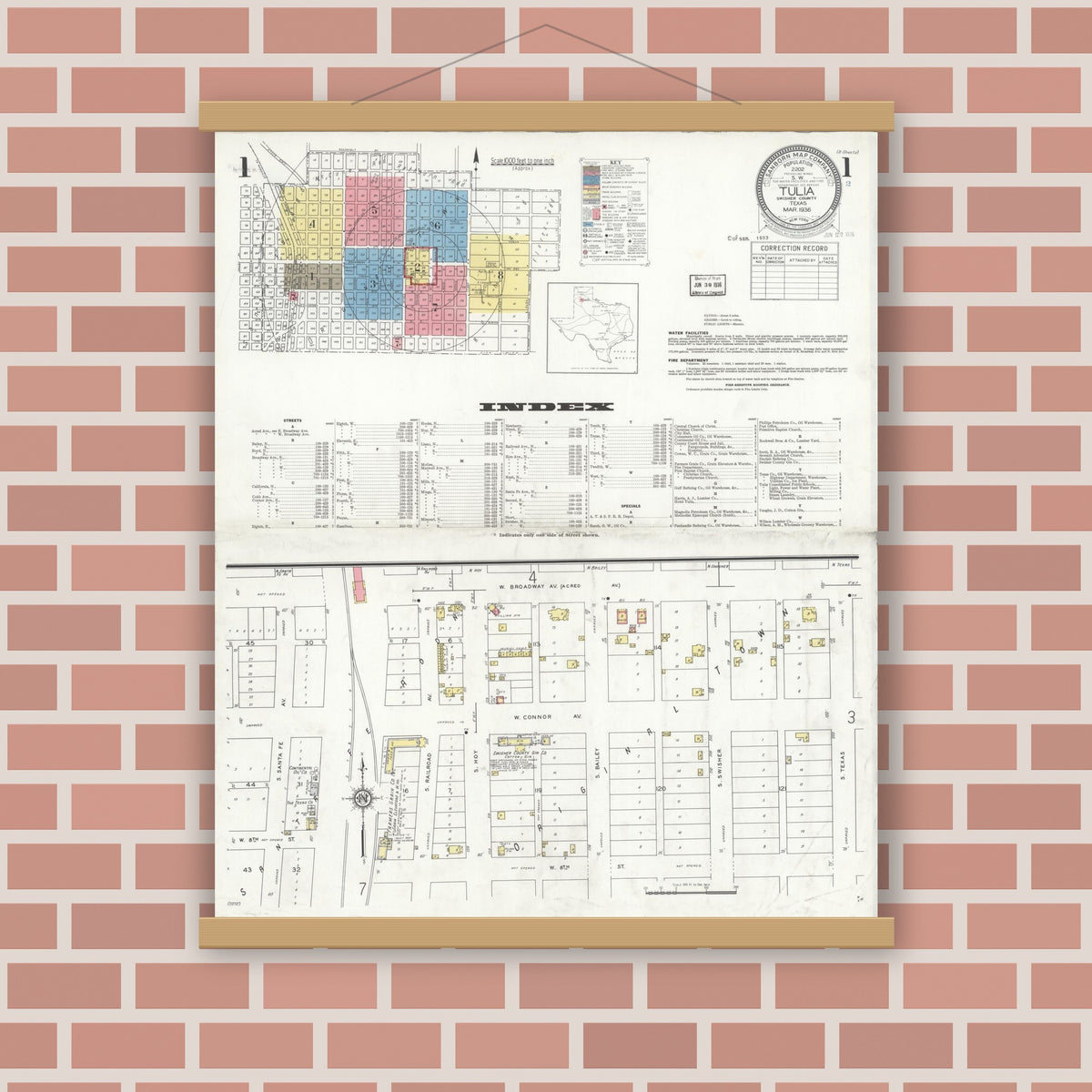 Old map wall art mockup — magnetic wood frame on brick wall — Sanborn Fire Insurance Map from Tulia, Swisher County, Texas (1936) - Complete Map Set
