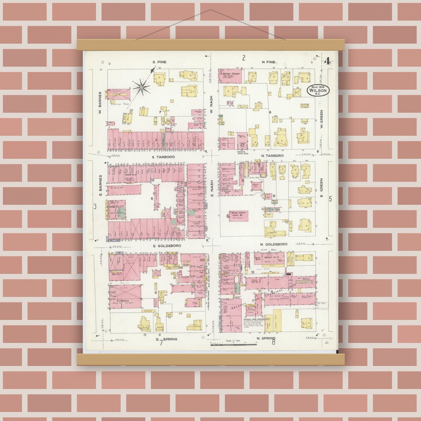 Old map wall art mockup — magnetic wood frame on brick wall — Sanborn Fire Insurance Map from Wilson, Wilson County, North Carolina (1908), Sheet #0004