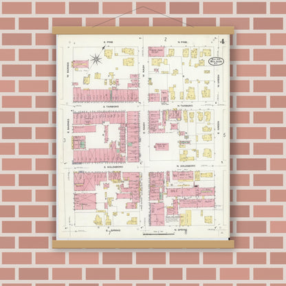 Old map wall art mockup — magnetic wood frame on brick wall — Sanborn Fire Insurance Map from Wilson, Wilson County, North Carolina (1908), Sheet #0004