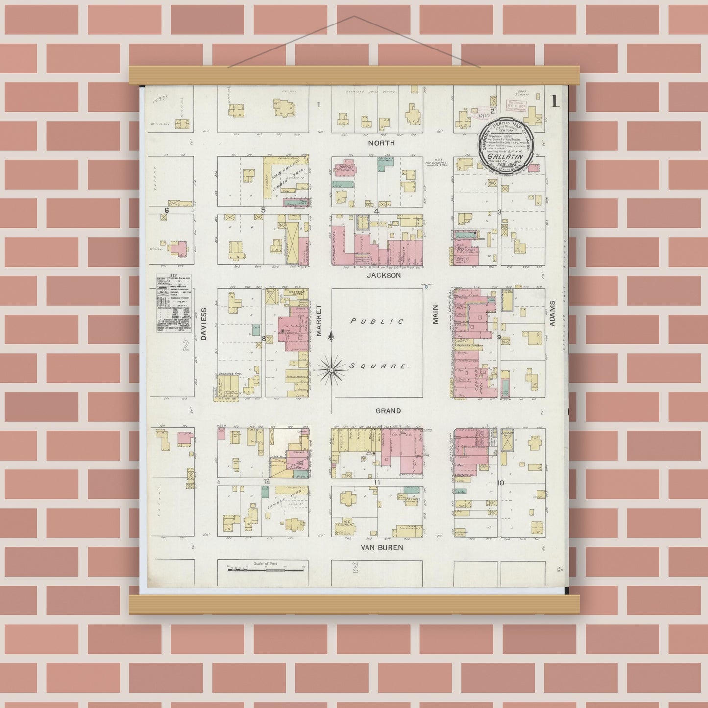 Old map wall art mockup — magnetic wood frame on brick wall — Sanborn Fire Insurance Map from Gallatin, Daviess County, Missouri (1893) - Complete Map Set