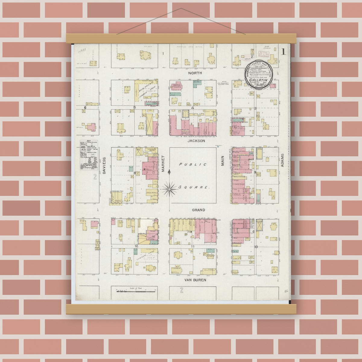 Old map wall art mockup — magnetic wood frame on brick wall — Sanborn Fire Insurance Map from Gallatin, Daviess County, Missouri (1893) - Complete Map Set