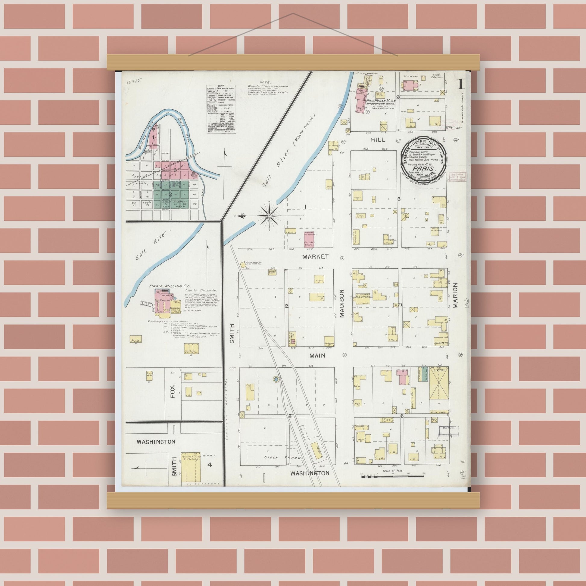 Old map wall art mockup — magnetic wood frame on brick wall — Sanborn Fire Insurance Map from Paris, Monroe County, Missouri (1893) - Complete Map Set