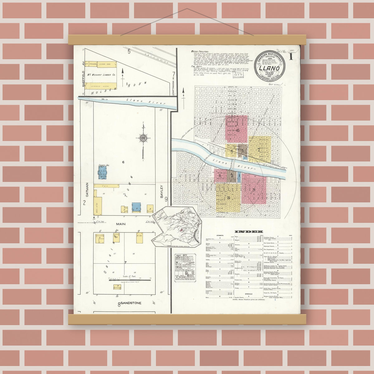 Old map wall art mockup — magnetic wood frame on brick wall — Sanborn Fire Insurance Map from Llano, Llano County, Texas (1921) - Complete Map Set