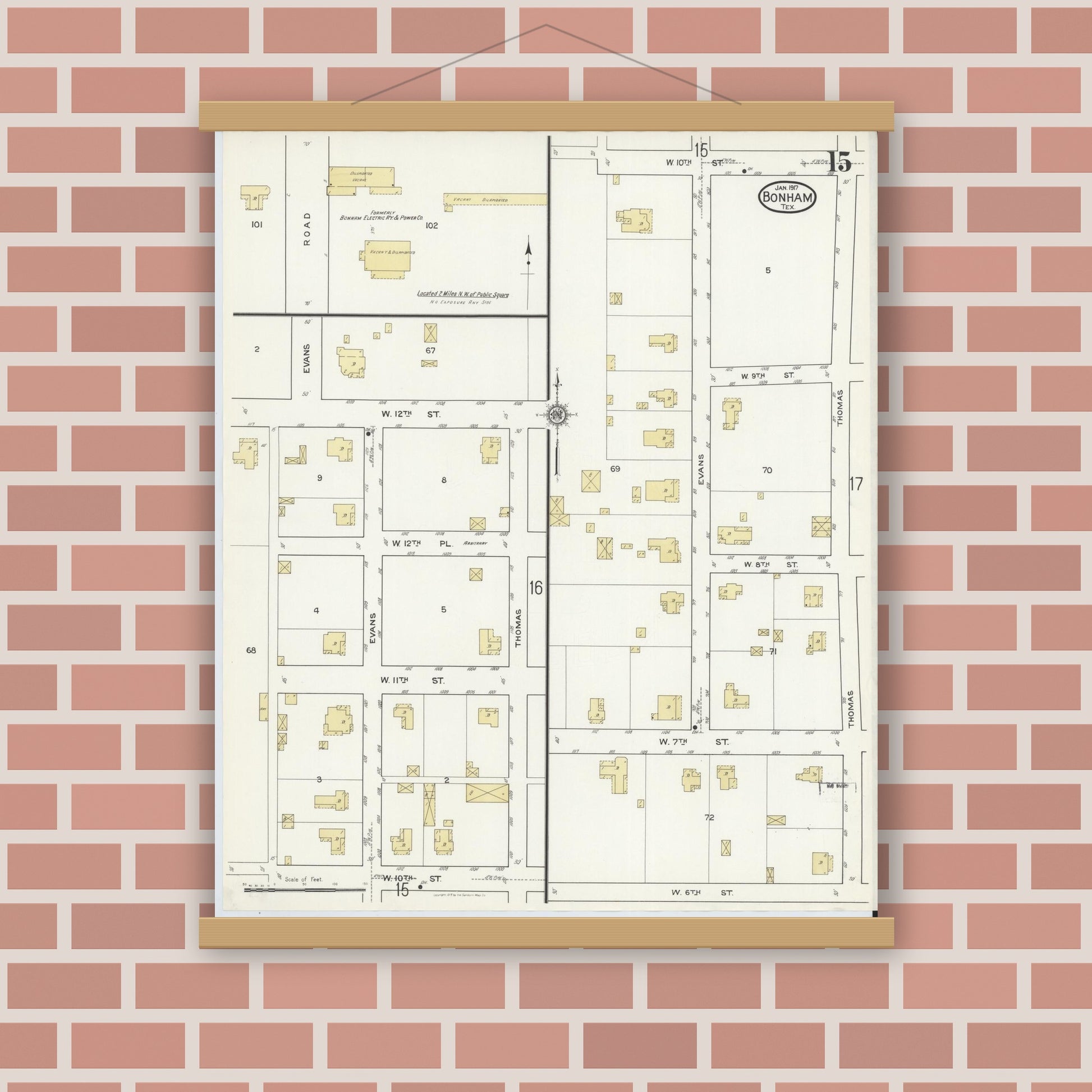 Old map wall art mockup — magnetic wood frame on brick wall — Sanborn Fire Insurance Map from Bonham, Fannin County, Texas (1917), Sheet #0015
