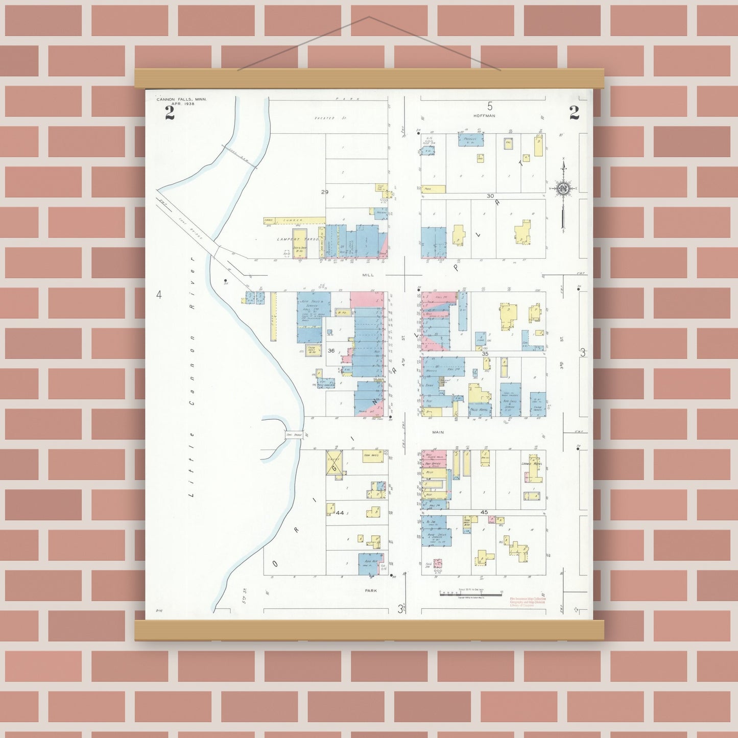 Old map wall art mockup — magnetic wood frame on brick wall — Sanborn Fire Insurance Map from Cannon Falls, Goodhue County, Minnesota (1938), Sheet #0002
