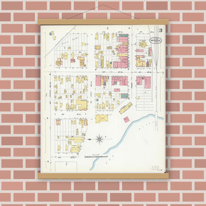 Old map wall art mockup — magnetic wood frame on brick wall — Sanborn Fire Insurance Map from Moorhead, Clay County, Minnesota (1906), Sheet #0003