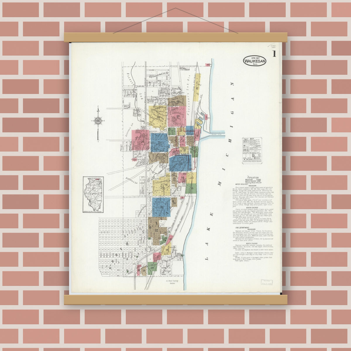 Old map wall art mockup — magnetic wood frame on brick wall — Sanborn Fire Insurance Map from Waukegan, Lake County, Illinois (1917) - Complete Map Set