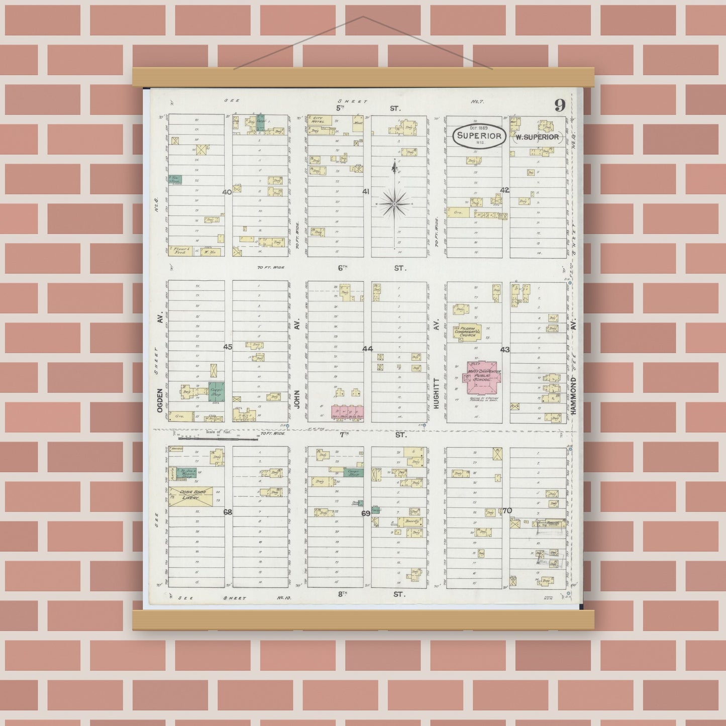 Old map wall art mockup — magnetic wood frame on brick wall — Sanborn Fire Insurance Map from Superior, Douglas County, Wisconsin (1889), Sheet #0009