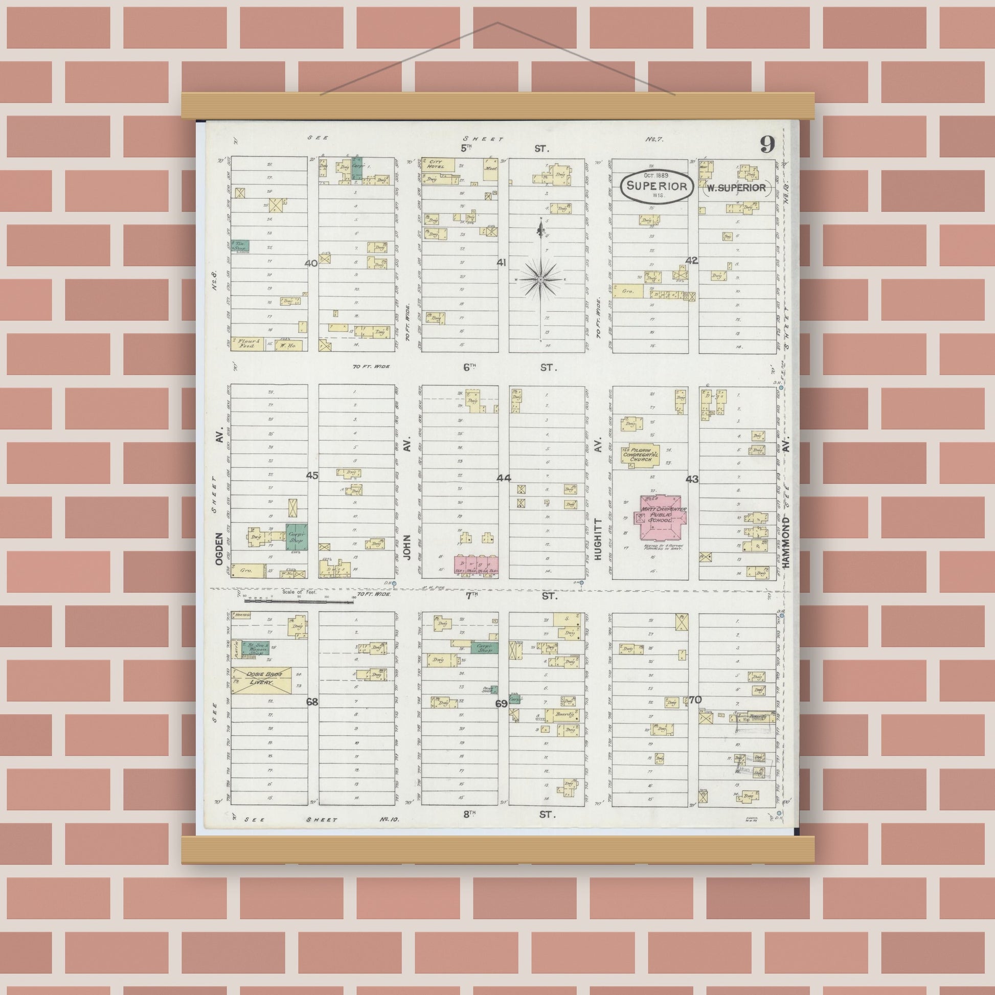 Old map wall art mockup — magnetic wood frame on brick wall — Sanborn Fire Insurance Map from Superior, Douglas County, Wisconsin (1889), Sheet #0009