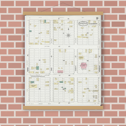 Old map wall art mockup — magnetic wood frame on brick wall — Sanborn Fire Insurance Map from Superior, Douglas County, Wisconsin (1889), Sheet #0009
