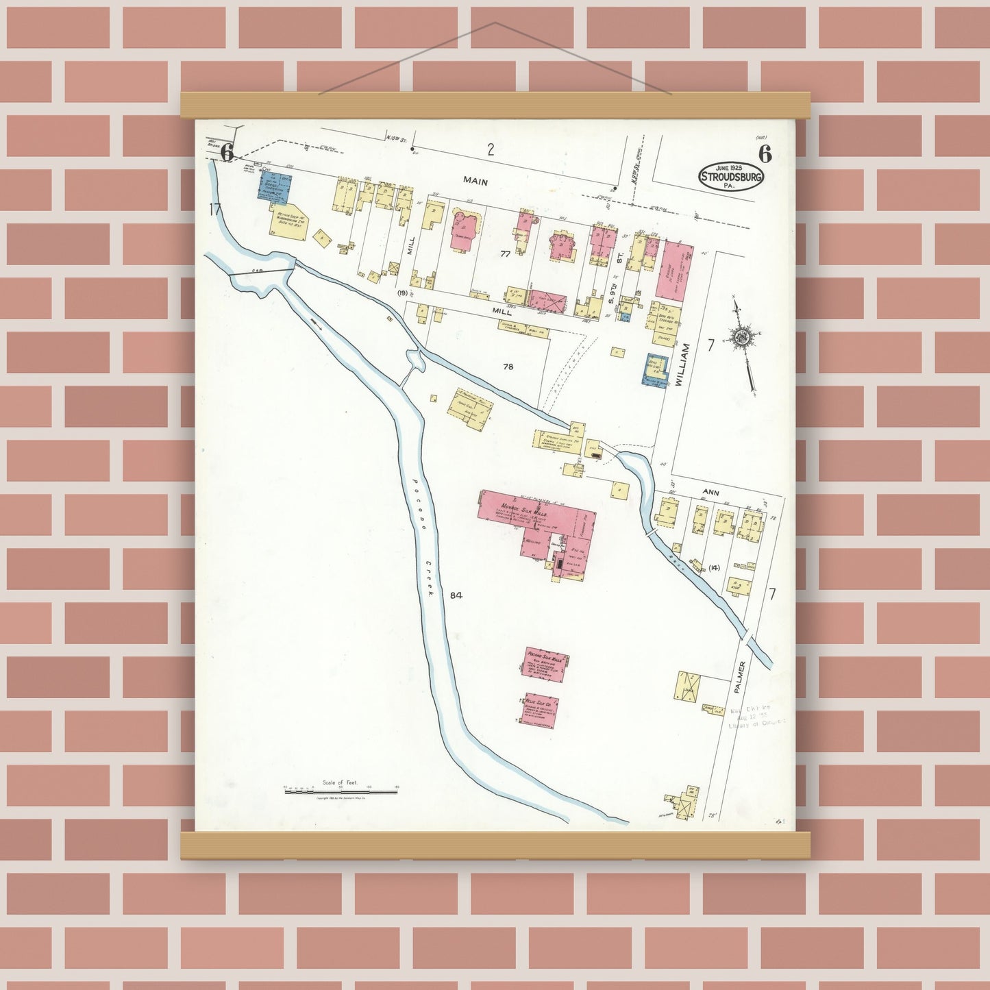 Old map wall art mockup — magnetic wood frame on brick wall — Sanborn Fire Insurance Map from Stroudsburg, Monroe County, Pennsylvania (1923), Sheet #0006