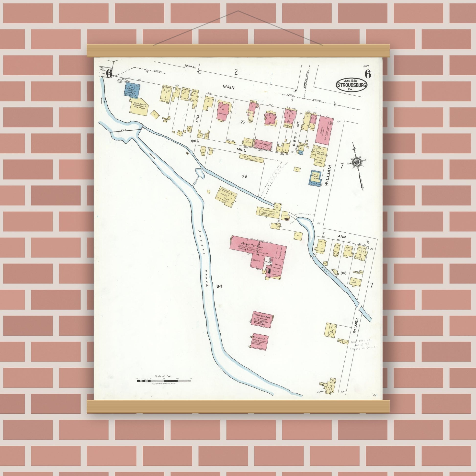 Old map wall art mockup — magnetic wood frame on brick wall — Sanborn Fire Insurance Map from Stroudsburg, Monroe County, Pennsylvania (1923), Sheet #0006