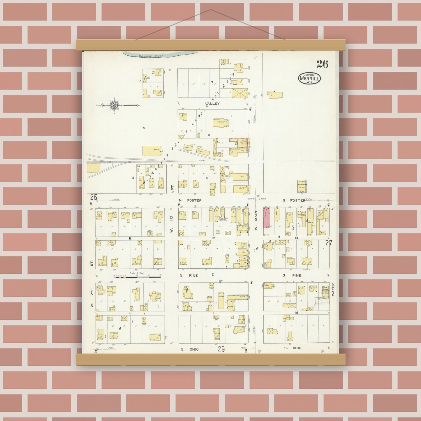Old map wall art mockup — magnetic wood frame on brick wall — Sanborn Fire Insurance Map from Merrill, Lincoln County, Wisconsin (1913), Sheet #0026